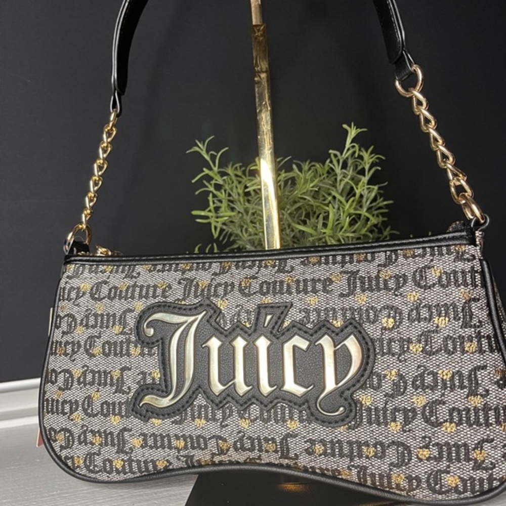 Juicy Couture Poker Face Black & Gold Monogram Baguette Shoulder Bag NWT